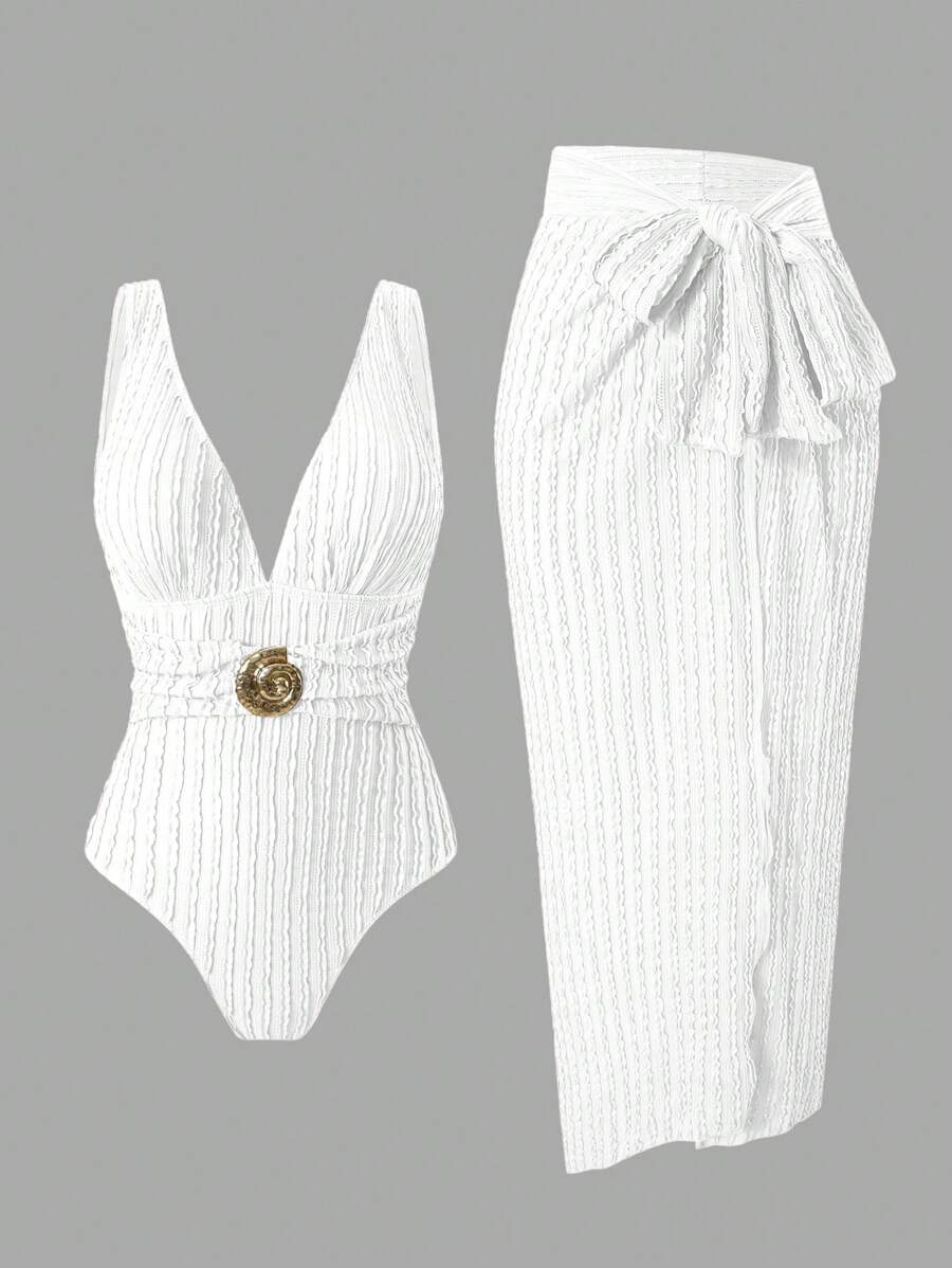 Swim Oasis 2 pezzi/set Costume da bagno da donna 2025 in tessuto texturizzato, monospalla senza maniche con schiena scoperta, con spacco e fiocco, costume da bagno per vacanze al mare