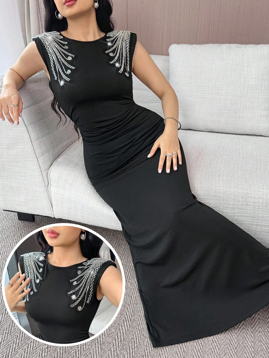Modelyn Vestido negro elegante con decoración de lentejuelas para mujer, de verano - Negro - Ver 1