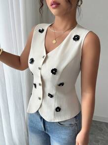 Gloray Elegant Sleeveless V-Neck Single-Breasted Floral Embellished Vest, Suitable For Spring And Summer