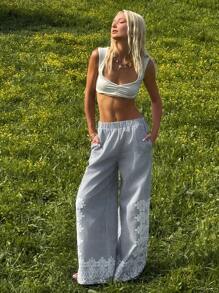 SHEIN EZwear 女式蕾丝拼接条纹口袋阔腿裤 - 灰色 - 查看 3