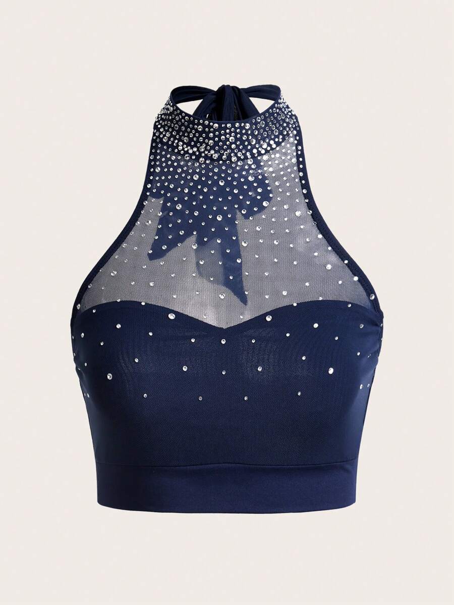 SHEIN ICON 女式立领水钻网眼拼接短款吊带背心