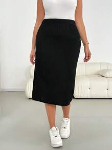 SHEIN Essnce 大码女装春夏时尚休闲基本款日常百搭高弹力纹理面料黑色高开叉裙，简约风格，性感裙子，女式下装，外出装，欧洲夏季 - 黑色 - 查看 4