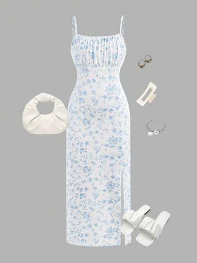 Girlism Tween Girls Knit Vacation Floral Print Ruched Front Slit Snug Fit Maxi Casual Dress