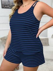 SHEIN 大码欧美风格简约条纹女士休闲圆领家居睡衣套装、服装 - 藏蓝色 - 查看 5