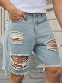 Manfinity VCAY Short en jean déchiré et effiloché décontracté pour homme - Bleu azur - Voir 1