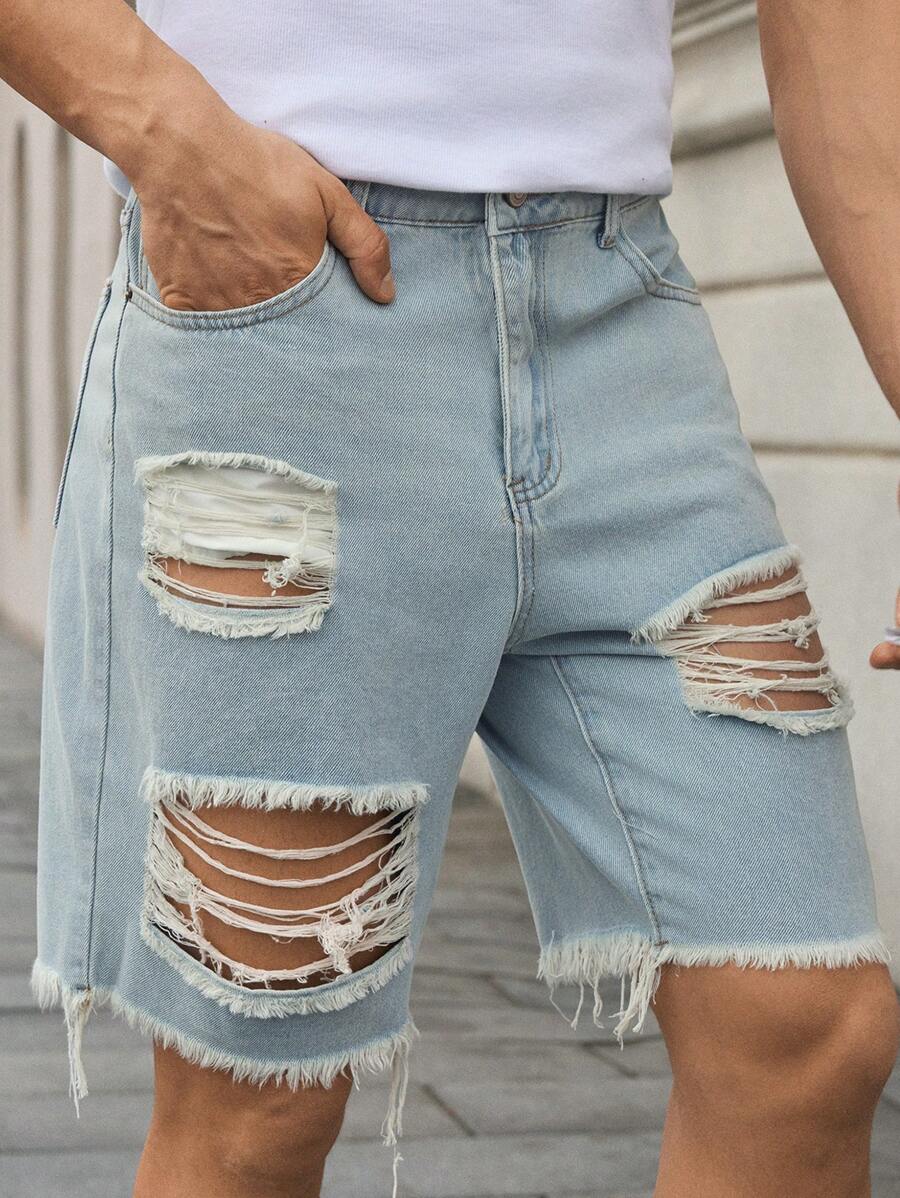 Manfinity VCAY Short en jean déchiré et effiloché décontracté pour homme - Bleu azur - Voir 1