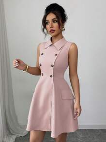 Elenzga Vestido corto sin mangas de primavera/verano con cuello de camisa, de doble botonadura, cinturón y falda acampanada con decoración de bolsillos falsos, de unicolor, para mujer, elegante y casual, para la oficina o vacaciones, en estilo francés