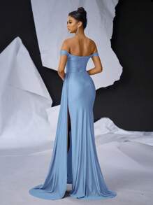 Glamrae Vestido de noche elegante y glamoroso con hombros descubiertos, entrelazado cruzado, corte ajustado, abertura alta lateral, caída drapeada y cola de pez