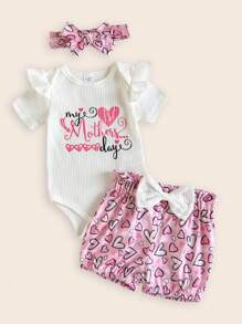 SHEIN 3 Pieces Set Newborn Baby Girl White Round Neck Ruffled Short Sleeve Letter Printed Jumpsuit With Pink Heart-Shaped Printed Bow Shorts And Headband, Fashionable And Cute, 0-3 Months, Soft Cotton Fabric, Suitable For Mother's Day, Holidays, Parties, Birthdays, Spring/Summer Outings, School, Casual, Vacation, Sports, Parties, Spring/Summer, Children's Clothing, Baby Girls' Apparel - Multicolor - View 1