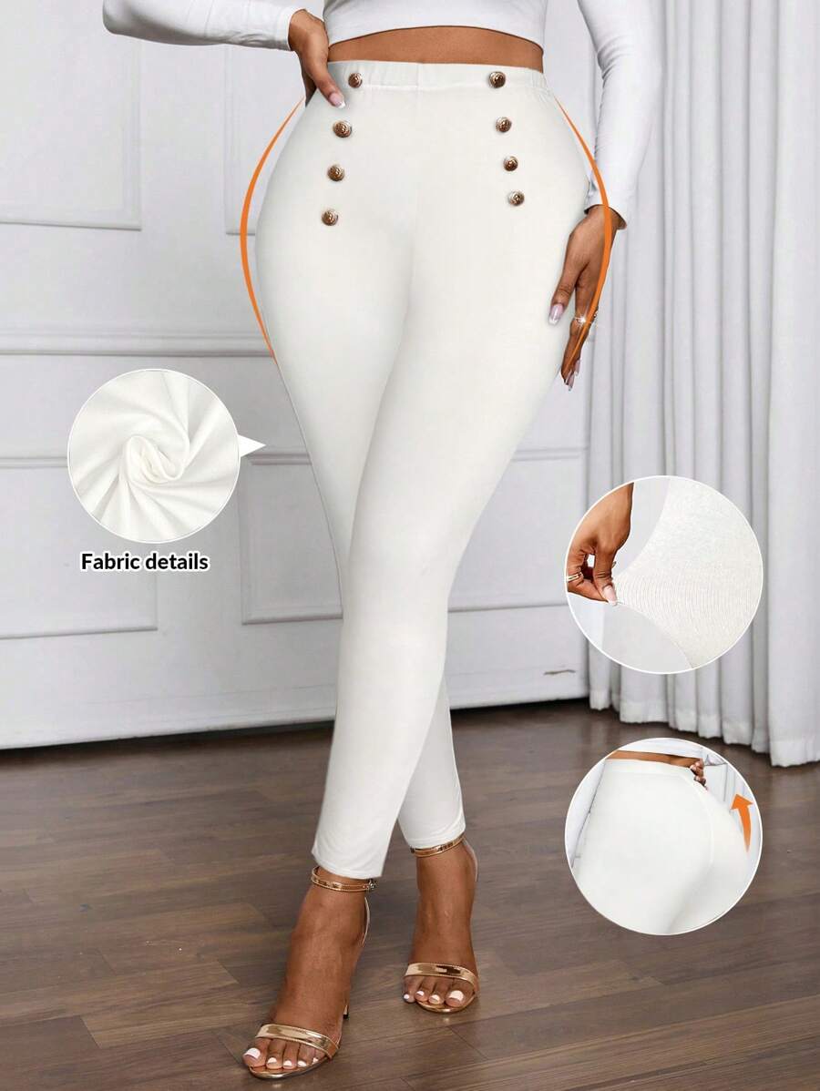 SHEIN Lady 秋冬休闲优雅工作前扣女士紧身裤 - 白色 - 查看 1