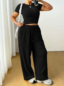 Flirla Set de 2 piezas: Top de punto de cuello redondo informal y pantalones anchos de cintura alta para mujer, conjunto de verano