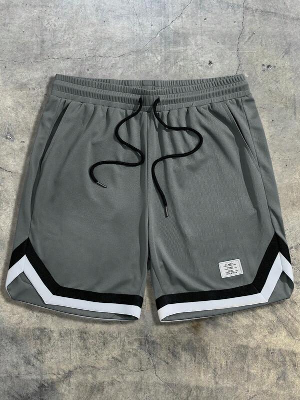 AXEPEAK Loose Men's Letter Patched Drawstring Waist Contrast Tape Shorts, Streetwear Inspired
