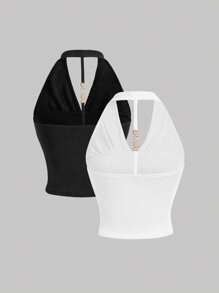 SHEIN MOD 2件組深V領露背金屬裝飾黑白細肩帶背心 - 黑與白 - 查看 2