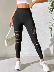 Quần legging nữ dáng ôm rách, đa năng, thoải mái. - màu đen - Xem 1