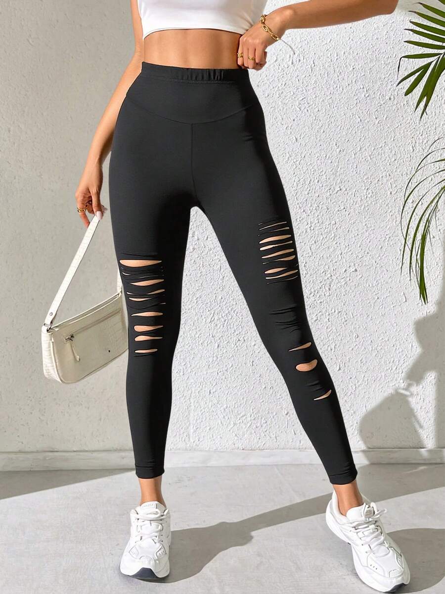 Quần legging nữ dáng ôm rách, đa năng, thoải mái. - màu đen - Xem 1