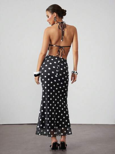 ROMWE Avant Set de 2 piezas: Top tipo halter de lunares vintage y falda larga de cola de pez con lunares, estilo festivo Y2K para mujeres