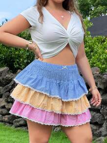 SHEIN EZwear 大码女式夏季撞色格纹荷叶边下摆短裤 - 彩色 - 查看 3