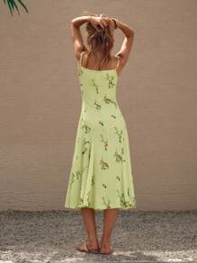Lumivelle 女士细肩带荷叶边下摆绿色花卉印花中长度假连衣裙