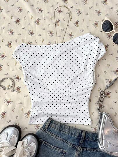 Teen Girls White Knit Casual Polka Dot Print Asymmetric Rouched Cropped Top, Suitable For Spring/Summer, Casual, Personalized Styling, Daily Wear
