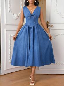 SHEIN Lady 女士牛仔中长连衣裙，休闲修身无袖，蓝色女士连衣裙生日工作夏季连衣裙女士服装女士夏季服装女士休闲连衣裙蜜月装女士连衣裙女士毕业礼服婚礼宾客礼服女士优雅女士节日连衣裙欧洲夏季 - 中等水洗藍 - 查看 3