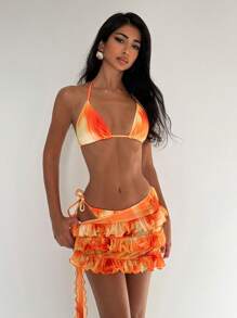EgrlEra 3pcs/Set Women's Sexy Tie Dye Gradient Print Bikini Set, Ibiza Outfit For Summer Beach Festival - Orange - View 3