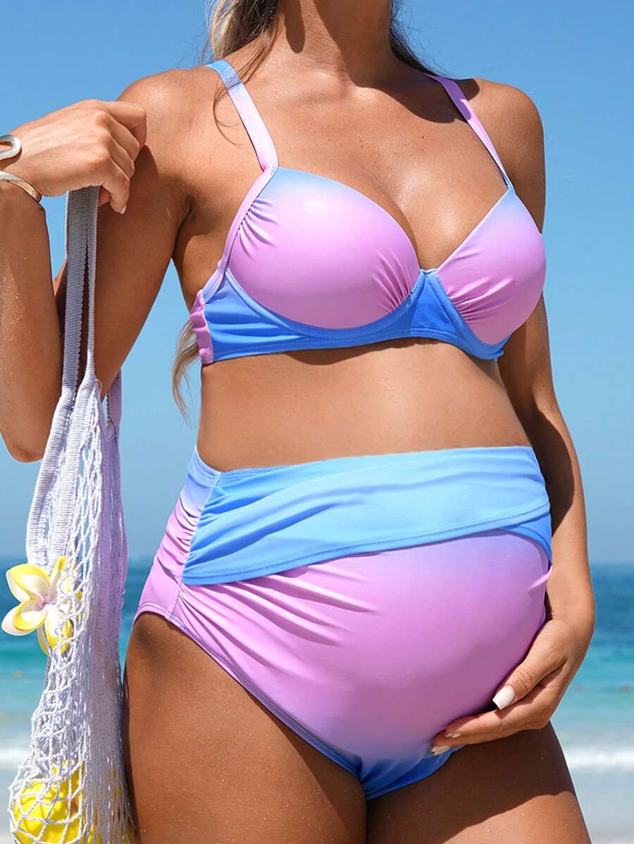 SHEIN Graviditetsgradient Push-Up bygeltopp och baddräktsset med hög midja - Multifärgad - Visa 1