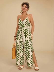 Travachic 大码女式复古休闲树叶印花宽松吊带连体裤，适合度假、海滩、旅行和夏季穿着 - 綠色 - 查看 4
