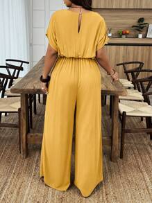 SHEIN Clasi Plus Size Leisure Solid Color Batwing Sleeve Jumpsuit - Yellow - View 2