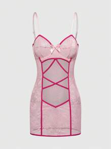 ROMWE Kawaii 性感荷叶边下摆交叉镂空内衣裙套装（带手套）（女款） - 粉色 - 查看 8