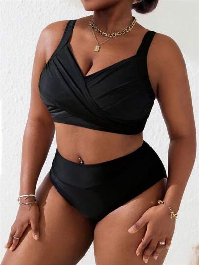 Slaydiva 2pcs/Set Plus Size Women's Black & Pink Overlay Ruched Tankini Swimsuit Set, Summer Beach Holiday