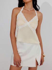 Roylia Women V-Neck Lace Splice Spaghetti Strap Camisole Tank Top, Cute And Elegant - Apricot - View 4