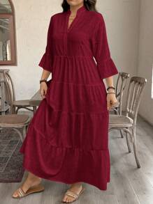 SHEIN LUNE 加大码波西米亚树叶印花多层娃娃裙，休闲度假长裙夏季长裙女士夏季服装圣帕特里克节服装复活节夏季服装女士春季服装海滩圣帕特里克节复活节休闲套装女士优雅超长裙