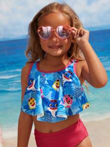 BABY SHARK X SHEIN 年轻女孩卡通鲨鱼印花暑假海滩比基尼套装 - 粉色 - 查看 7