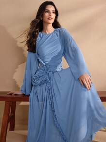 Graceveil 女式加长春夏网眼针织荷叶边下摆开叉优雅迷人时尚连衣裙 - 霧霾藍 - 查看 5