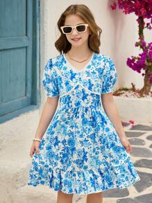 SHEIN 1 pezzo Abito elegante con scollo a V e volant, motivo floreale casuale, adatto per ragazze, viaggi, vacanze, estate - Multicolore - Visualizzare 6