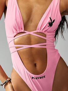 Missguided x Playboy Sleek Cut Out Monokini One Piece Swimsuit Adjustable Straps Summer Beach Pool Party Retro High Cut High Rise - Pink - View 6