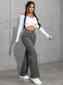 Jeanoix Casual Washed High Waist Straight Leg Jeans Y2k - Light Grey - View 6