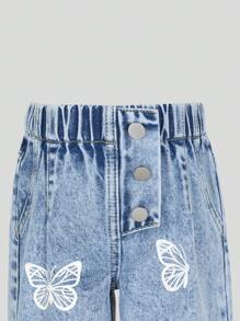 宽松裤夏季女婴牛仔裤 宽松牛仔裤蝴蝶印花女婴牛仔裤 - 中等水洗藍 - 查看 6