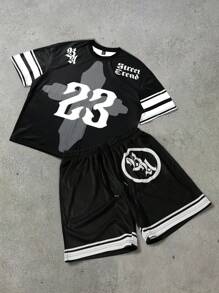 Manfinity EMRG 男士夏季休闲撞色字母印花T恤短裤套装男两件套男士两件套短裤套装两件套男士两件套短裤套装 - 黑色 - 查看 1