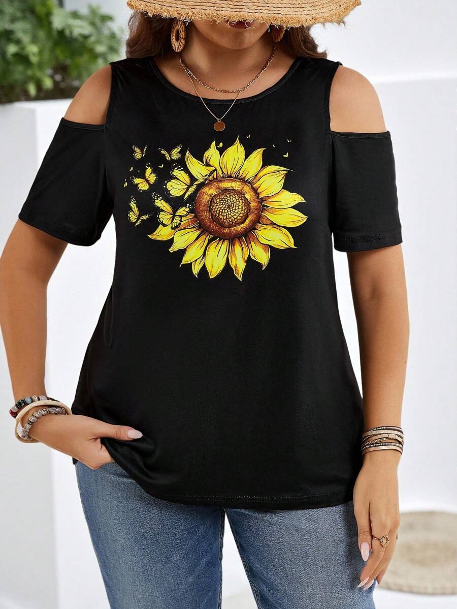 EMERY ROSE Femmes grande taille T-shirt décontracté à manches courtes avec imprimé tournesol et papillon, épaules dénudées. Style campagne chic pour les vacances. Simple et pour le port quotidien. Hauts d'été pour femmes, tenue de bureau pour les vacances, festival boho, sortie simple et - Noir - Voir 1