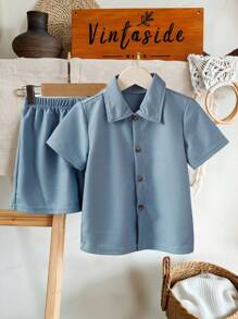 SHEIN 2 Pcs Boy's Solid Color Short Sleeve Polo Neck Waffle Pattern Shirt And Shorts Casual Set, Summer - Blue - View 3