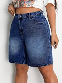 SHEIN ICON Pantaloncini di jeans larghi e morbidi di colore tinta unita, taglie comode, per outfit estivi da donna, adatti per festival, Bermuda casual - Blu lavato scuro - Visualizzare 5