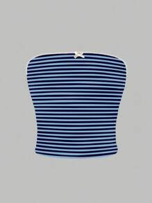 SHEIN Bubbli 女士蕾丝蝴蝶结条纹抹胸 - 藍色 - 查看 3