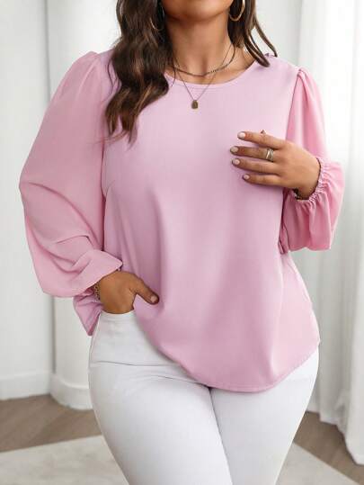 SHEIN Clasi Plus Size Solid Color Crew Neck Long Sleeve Casual Shirt