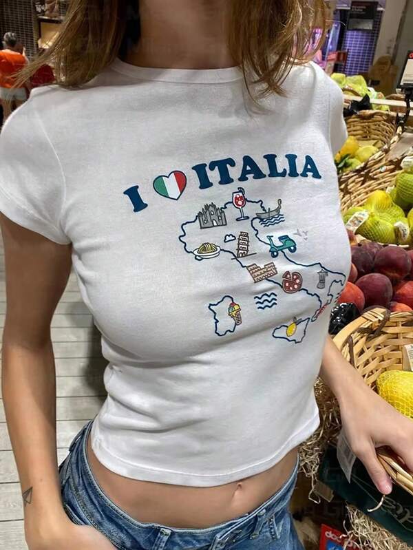 I Love Italy Letter Print Tight Crop Short Sleeve T-Shirt