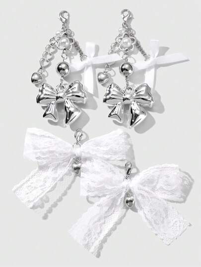 Kawaii 4pcs Stylish Hollow Silver Heart CCB Beads & White Lace Bow Shoe Buckle Decorations, Fashionable Versatile Accessories Suitable For Women, Great Gift Idea