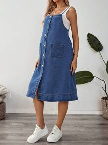 SHEIN Vestido peto vaquero casual de una sola de botones con bolsillos para maternidad