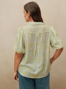 Anewsta 大码女式撞色花卉刺绣优雅浪漫泡泡袖衬衫上衣 - 綠色 - 查看 3