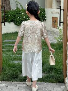 DAZY 女童圆领短袖刺绣T恤，夏季 - 卡其色 - 查看 2