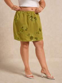 Elaquor Plus Size Elegant Sequin Floral Embroidered A-Line Skirt, Summer - Green - View 5